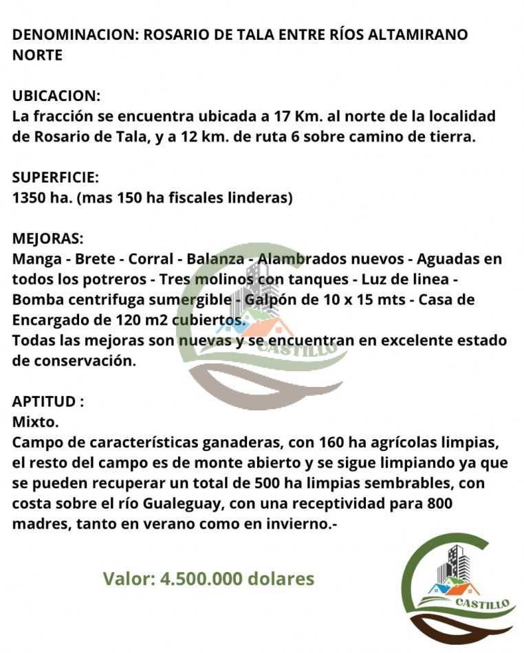 1350 ha Mixta - ROSARIO DE TALA ENTRE RIOS ALTAMIRANO NORTE
