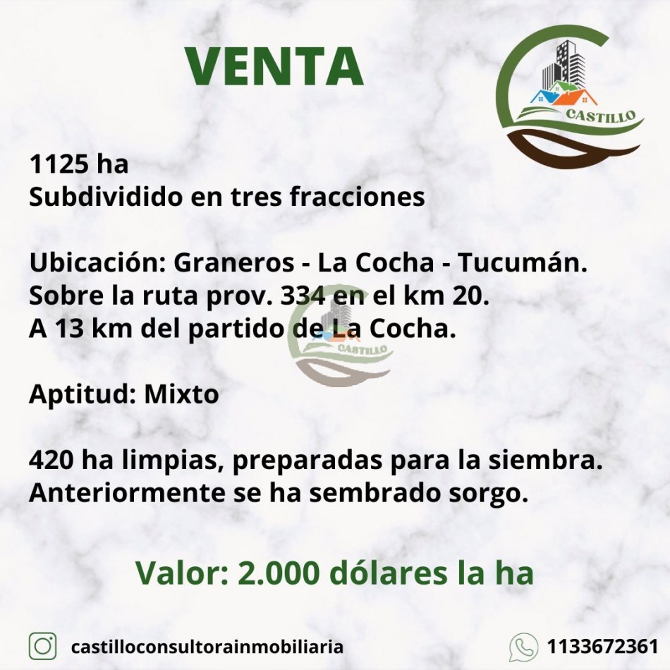 1125 ha Subdividido en tres fracciones mixto - Tucuman
